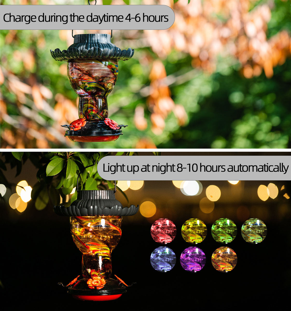 Solar Powered Hummingbird Feeder, 25oz Color Changing Hand Blown Glass Reservoir, Rave Floral