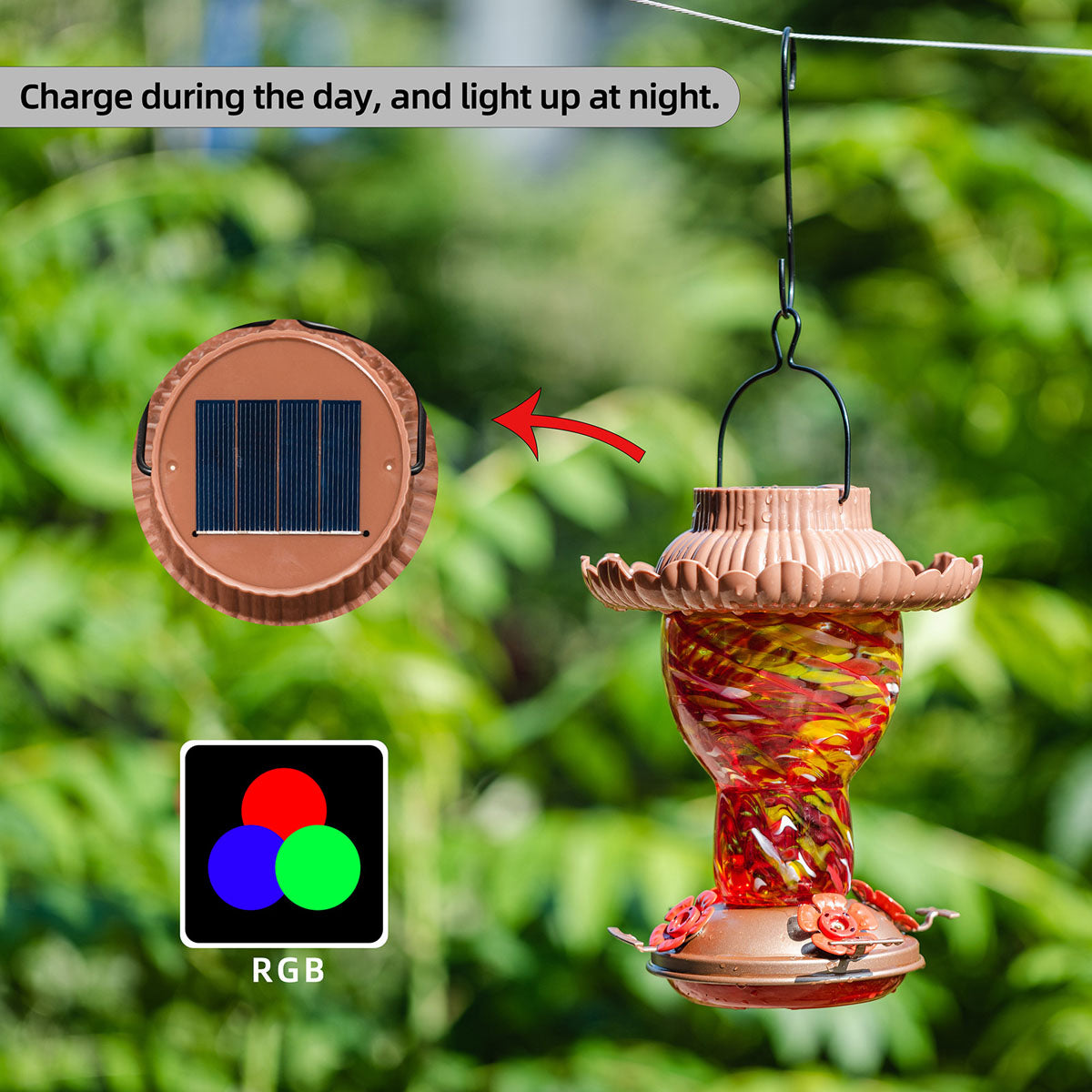 Solar Powered Hummingbird Feeder, 25oz Color Changing Hand Blown Glass Reservoir, Flames