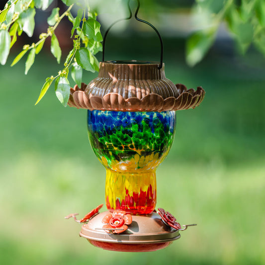 Solar Powered Hummingbird Feeder, 25oz Color Changing Hand Blown Glass Reservoir, Rainbow