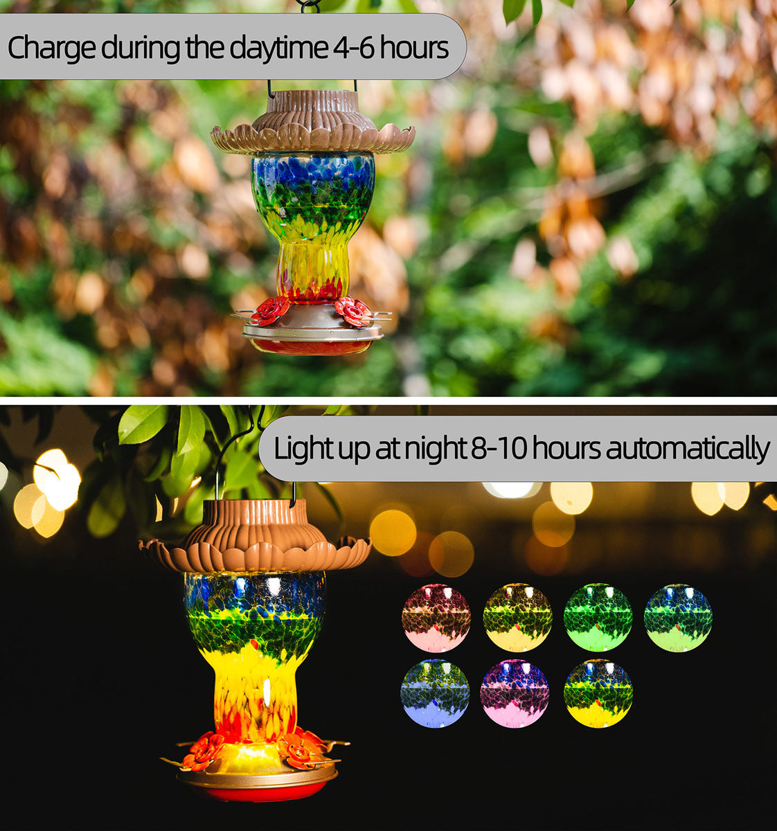Solar Powered Hummingbird Feeder, 25oz Color Changing Hand Blown Glass Reservoir, Rainbow