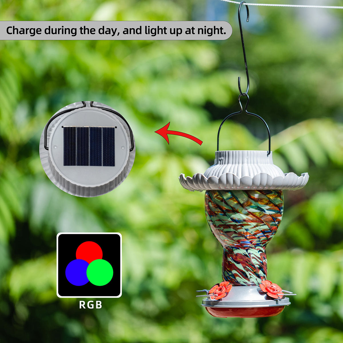 Solar Powered Hummingbird Feeder, 25oz Color Changing Hand Blown Glass Reservoir, Iridescent