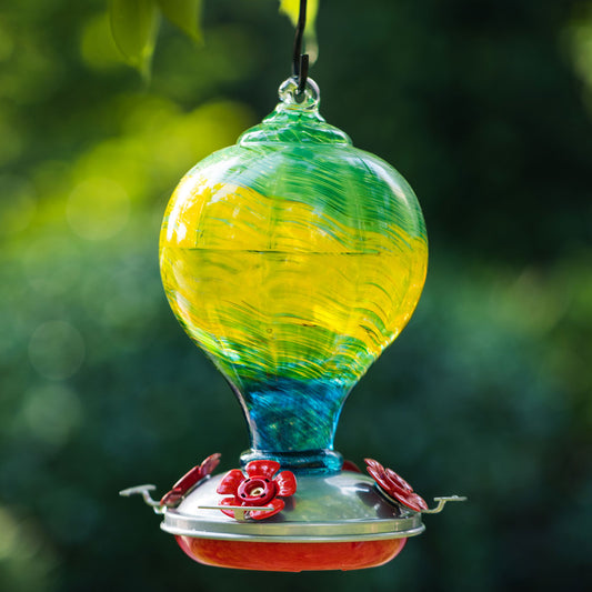LaElvish Garden Blown Glass Hummingbird Feeder - 32 Ounces - Wavy Lime