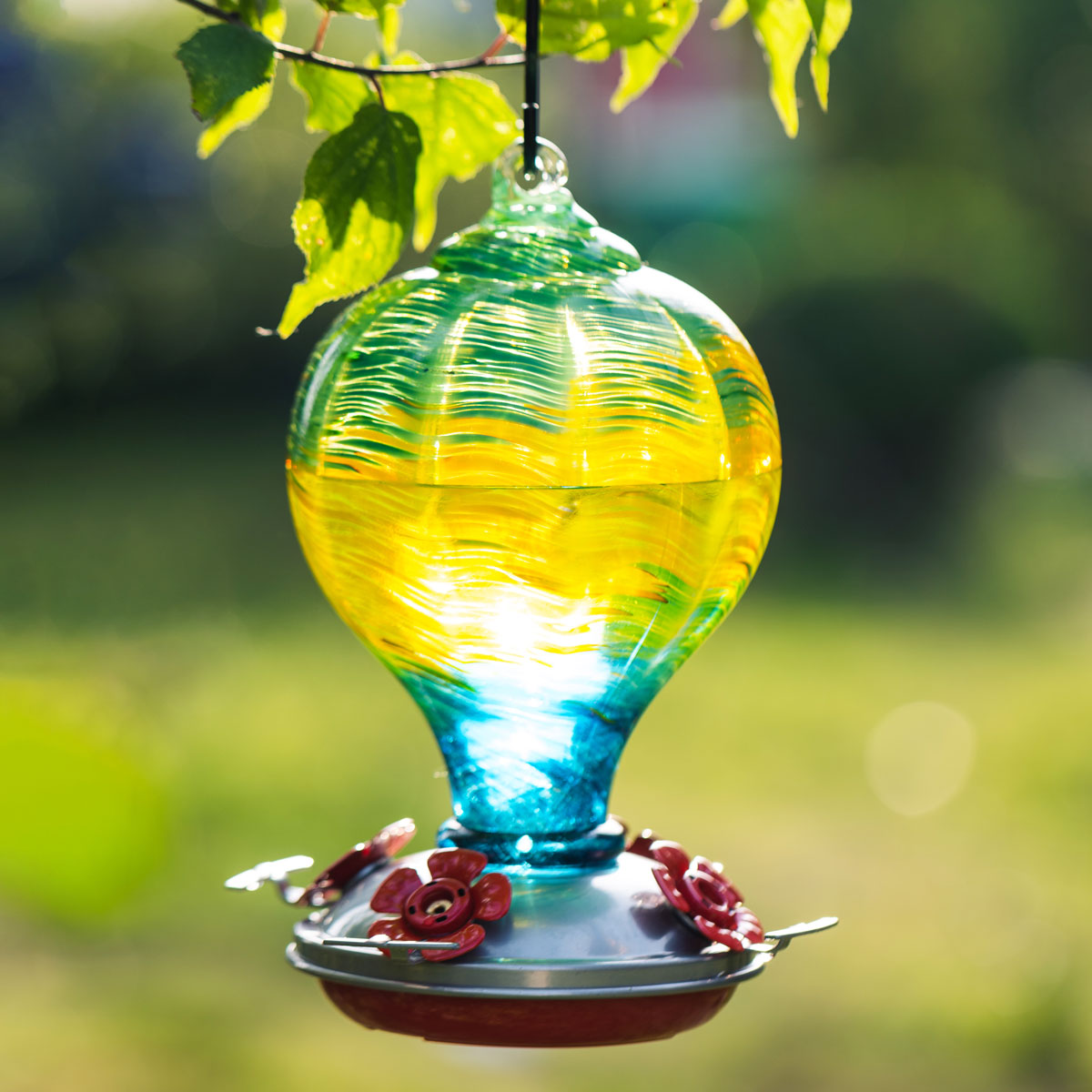LaElvish Garden Blown Glass Hummingbird Feeder - 32 Ounces - Wavy Lime