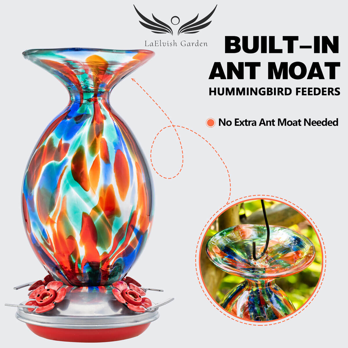 Blown Glass Built-In Ant Moat Vase Hummingbird Feeder - 32 Ounces - Bluebells