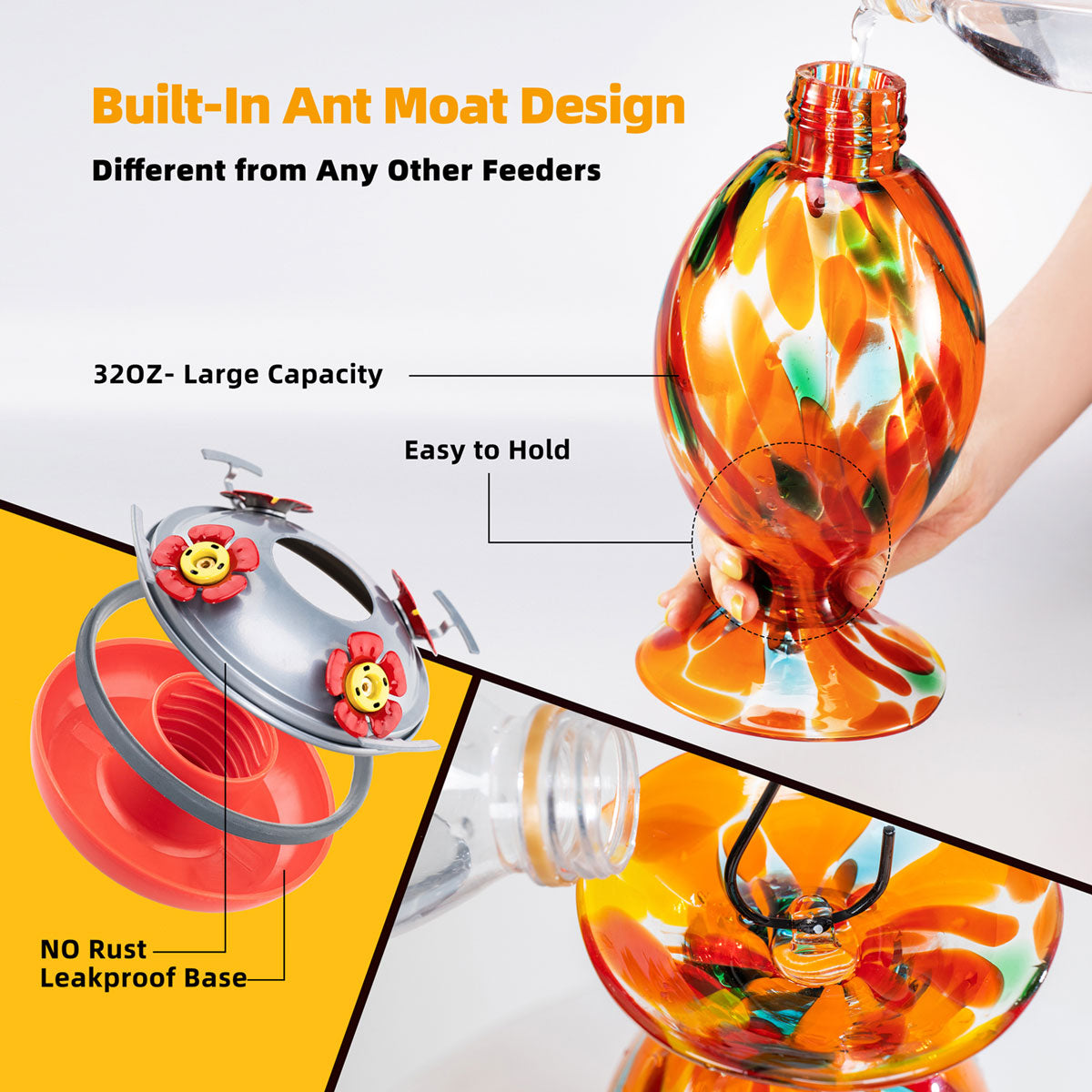 Blown Glass Built-In Ant Moat Vase Hummingbird Feeder - 32 Ounces - Sunny Tulips