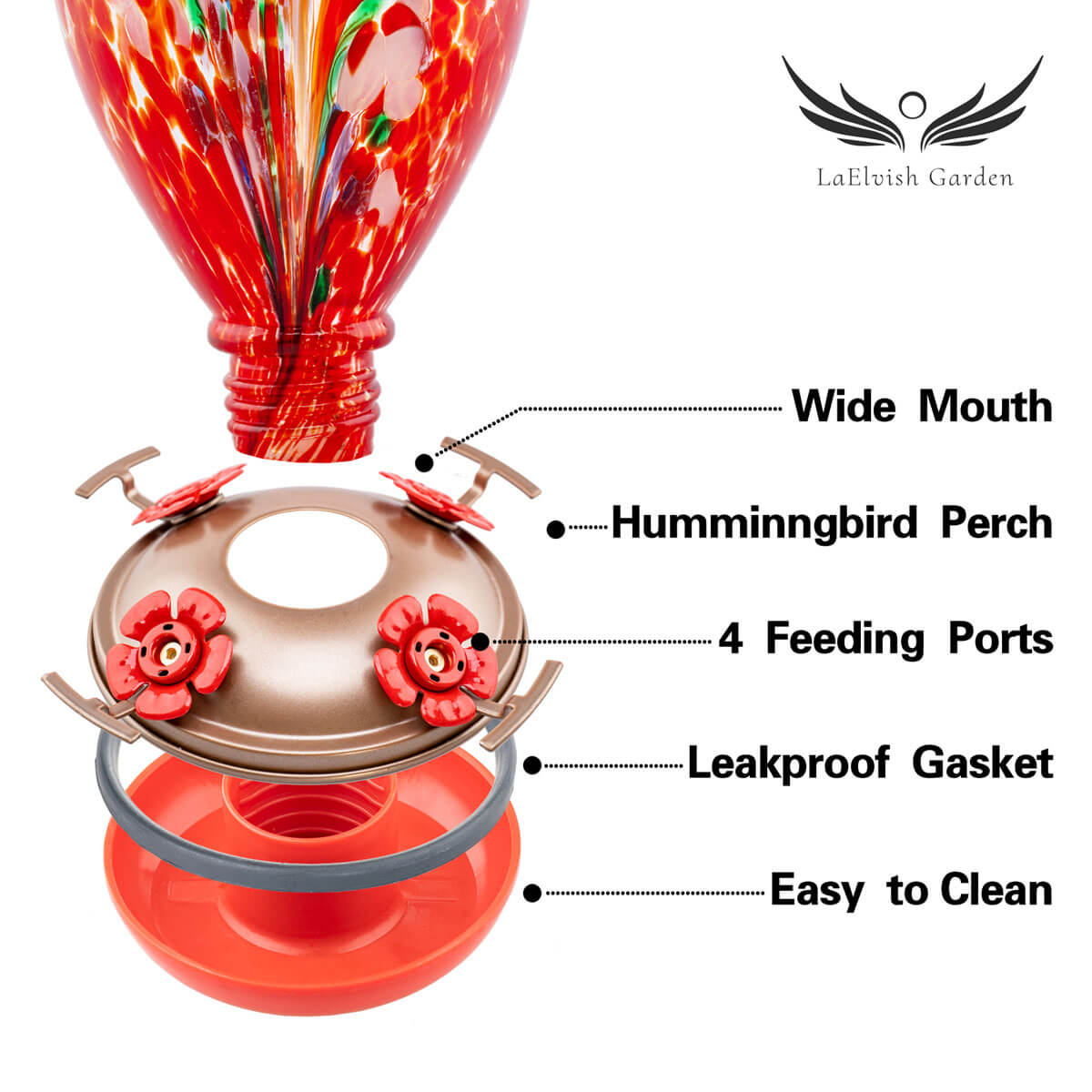 Blown Glass Hummingbird Feeder - 34 Ounces - Floral Balloon