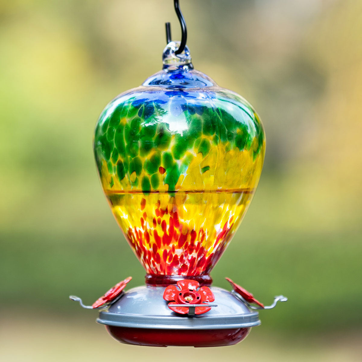 Blown Glass Hummingbird Feeder - 34 Ounces - Rainbow