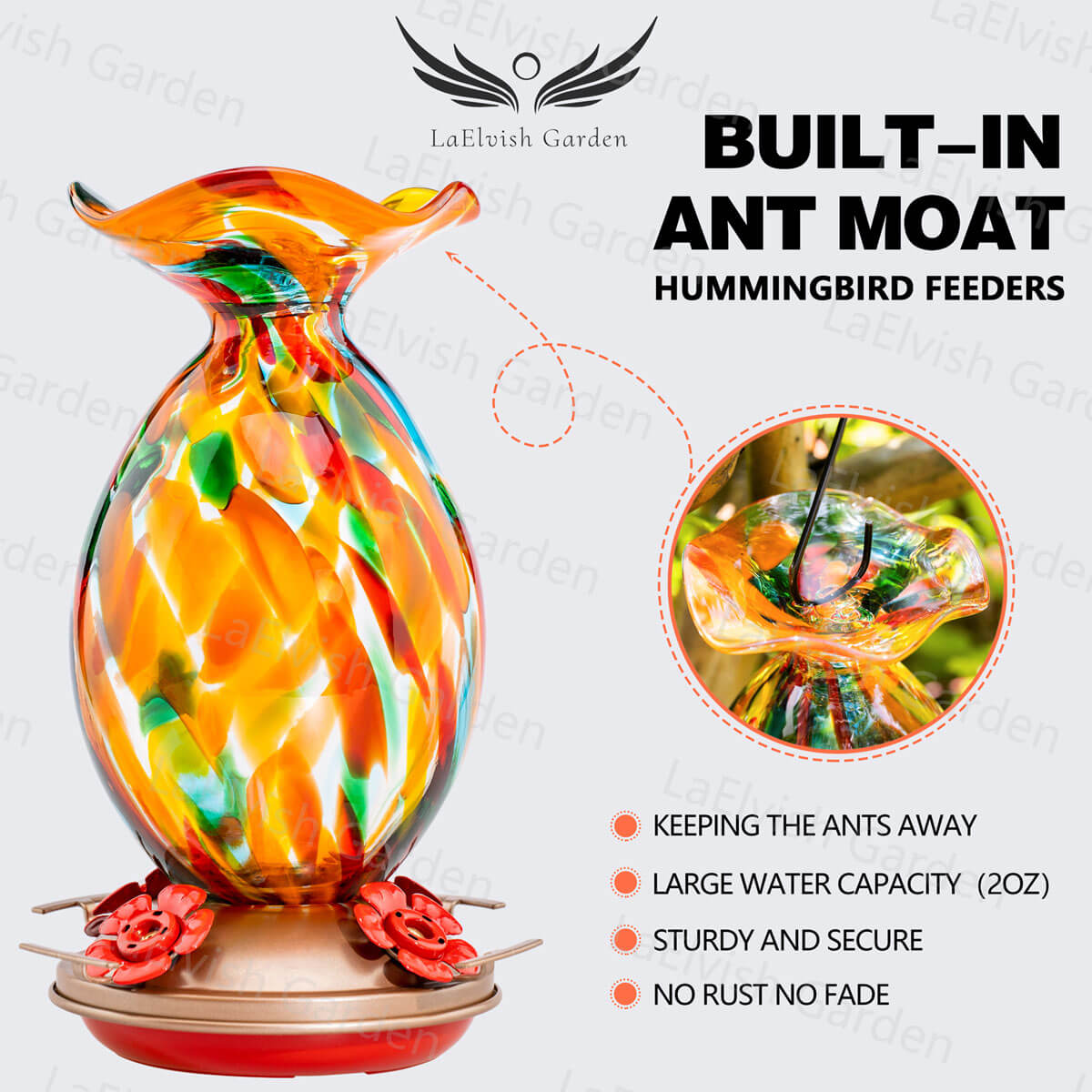 Blown Glass Built-In Ant Moat Mermaid Hummingbird Feeder - 32 Ounces - Sunny Tulips