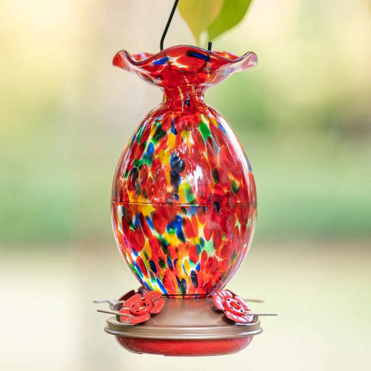 Blown Glass Built-in Ant Moat Hummingbird Feeder - 32 Ounces - Holiday