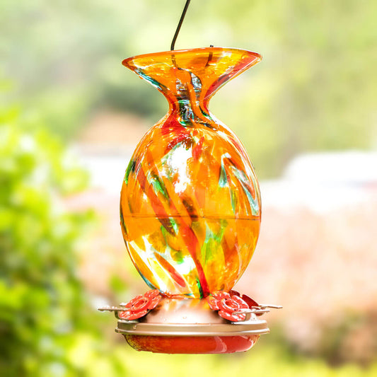 Blown Glass Built-In Ant Moat Vase Hummingbird Feeder - 32 Ounces - Sunny Tulips