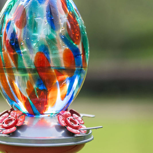 Blown Glass Built-In Ant Moat Vase Hummingbird Feeder - 32 Ounces - Bluebells